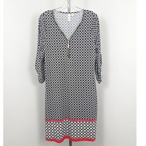 Tacera Zipper Neck 3/4 Sleeve Geometric Print Dress Black White L